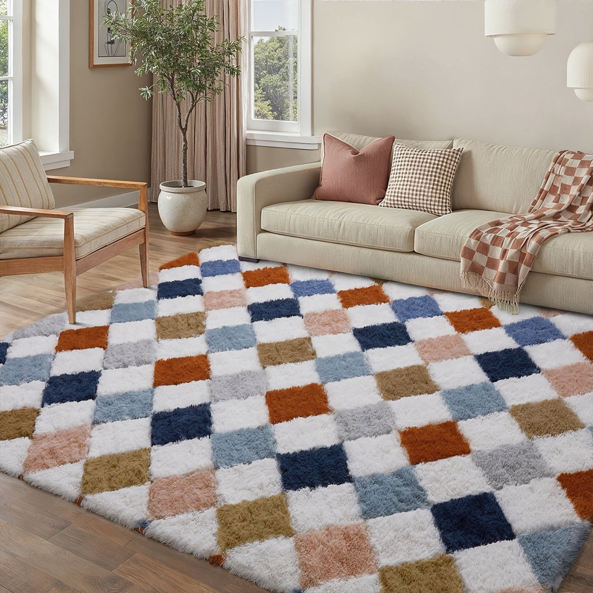 BERTHMEER 8'x10' Checkered Rug for Living Room, Modern Colorful Checkerboard Shag Rug Non-Slip Large Area Rug Soft Indoor Fluffy Rugs for Bedroom Carpet Home Dorm Aesthetic Decor