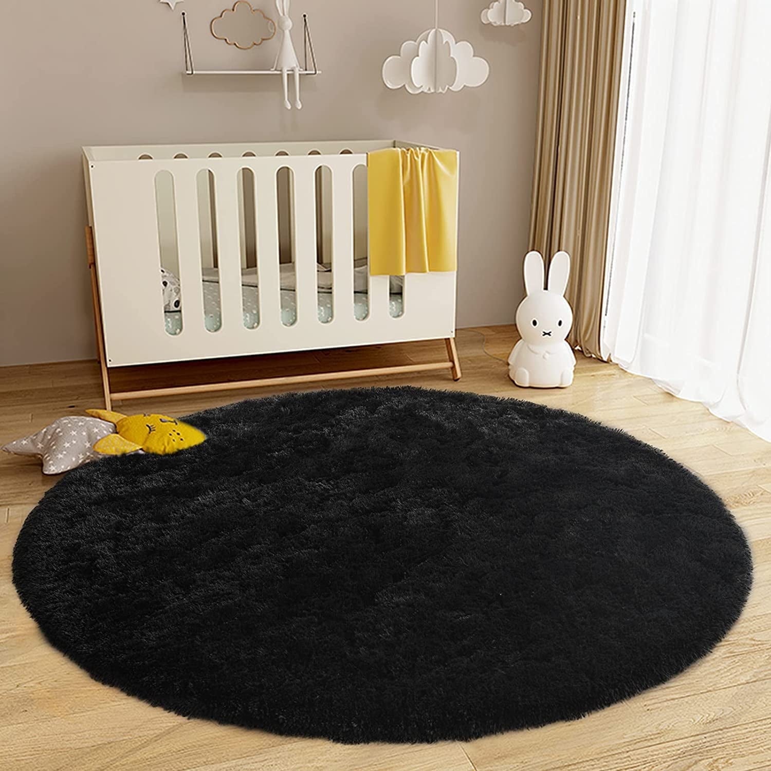 Junovo Round Fluffy Area Rugs For Kids Girls Princess Castle Plush Shaggy Carpet Cute Circle Nursery Rug For Kids Room Bedroom Living Room,4'x4',Gray