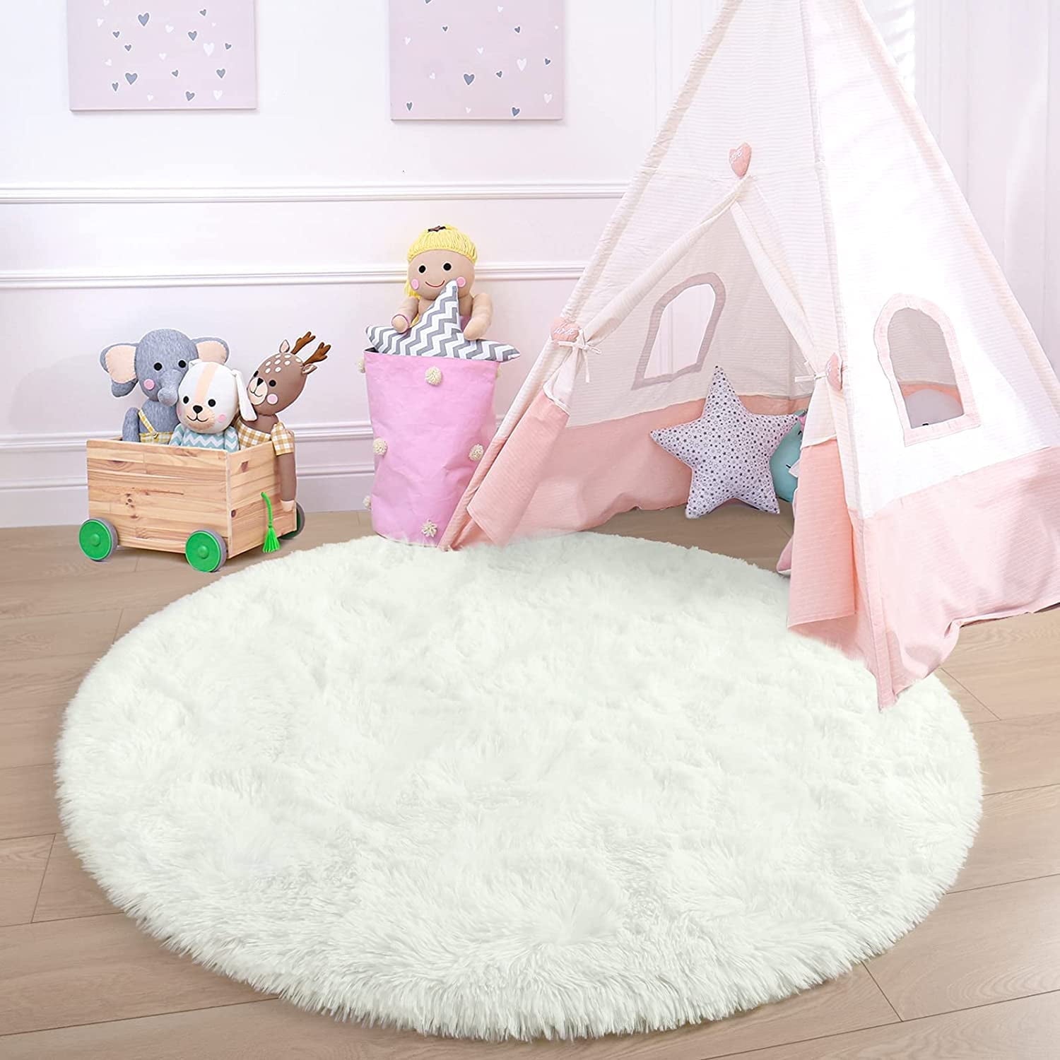 Junovo Round Fluffy Area Rugs For Kids Girls Princess Castle Plush Shaggy Carpet Cute Circle Nursery Rug For Kids Room Bedroom Living Room,4'x4',Gray