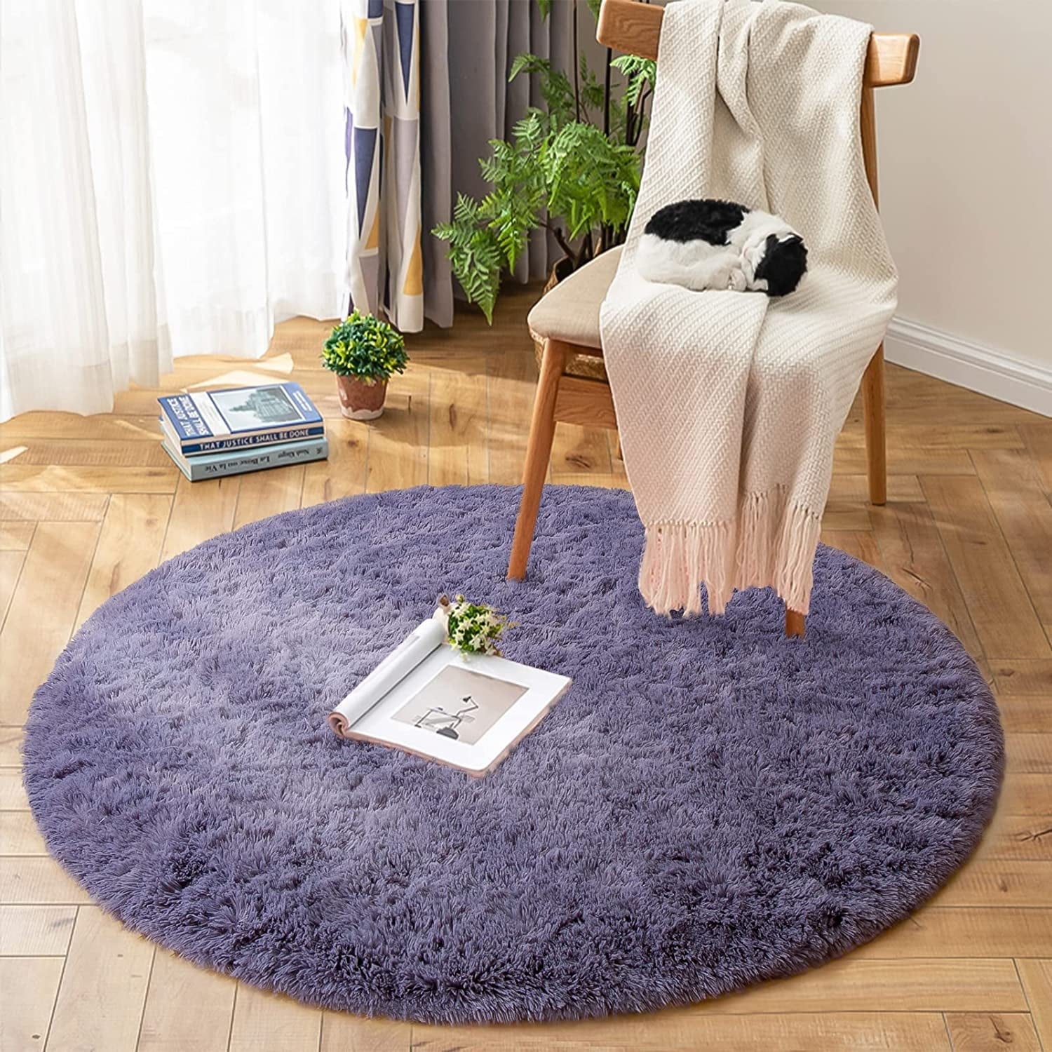 Junovo Round Fluffy Area Rugs For Kids Girls Princess Castle Plush Shaggy Carpet Cute Circle Nursery Rug For Kids Room Bedroom Living Room,4'x4',Gray