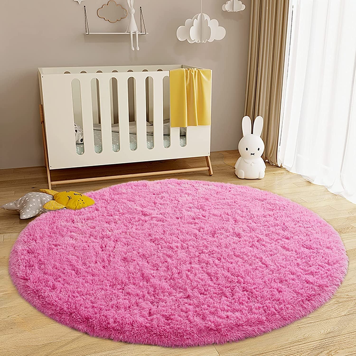 Junovo Round Fluffy Area Rugs For Kids Girls Princess Castle Plush Shaggy Carpet Cute Circle Nursery Rug For Kids Room Bedroom Living Room,4'x4',Gray