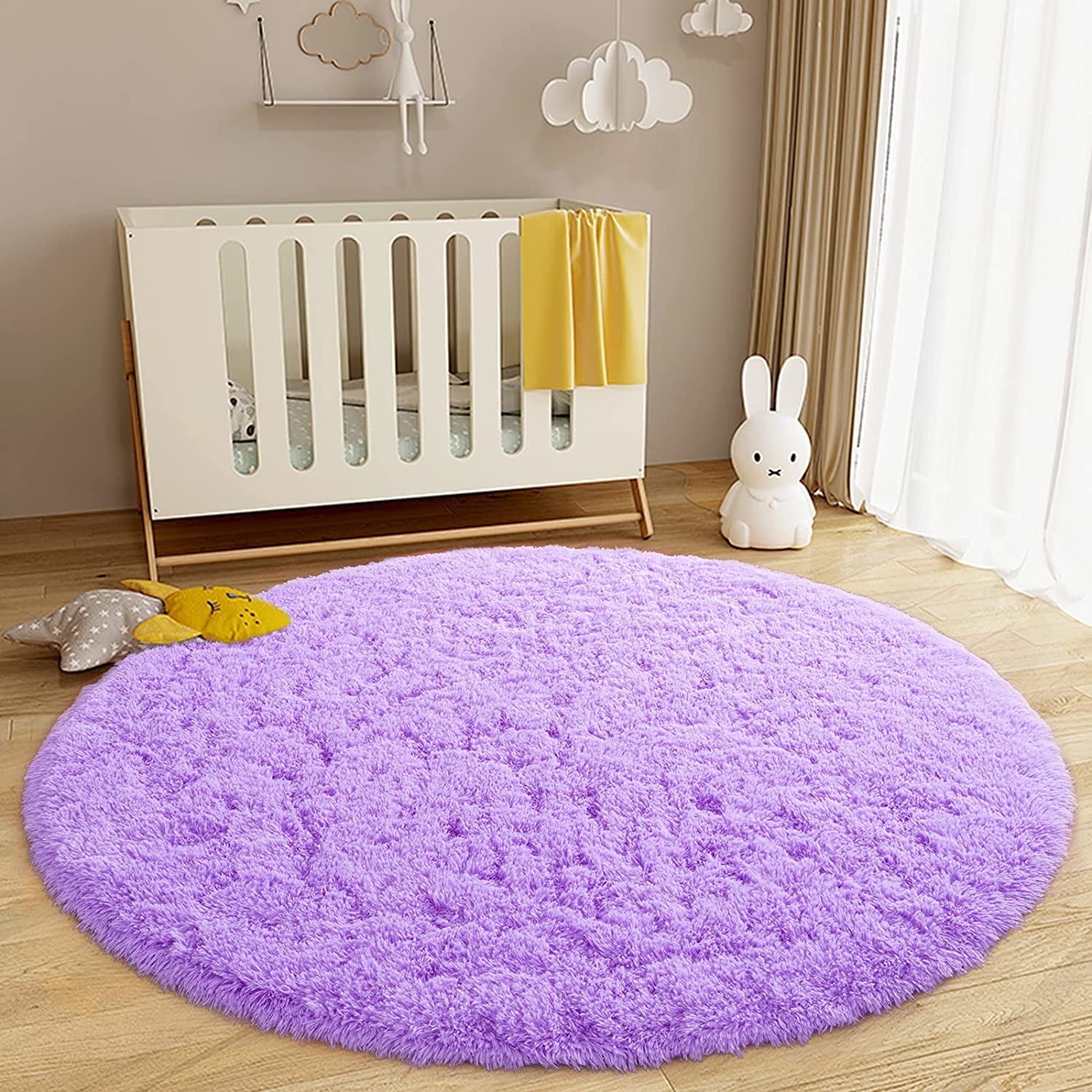 Junovo Round Fluffy Area Rugs For Kids Girls Princess Castle Plush Shaggy Carpet Cute Circle Nursery Rug For Kids Room Bedroom Living Room,4'x4',Gray