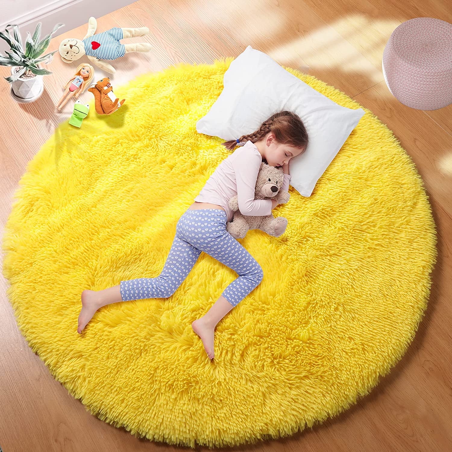 Junovo Round Fluffy Area Rugs For Kids Girls Princess Castle Plush Shaggy Carpet Cute Circle Nursery Rug For Kids Room Bedroom Living Room,4'x4',Gray