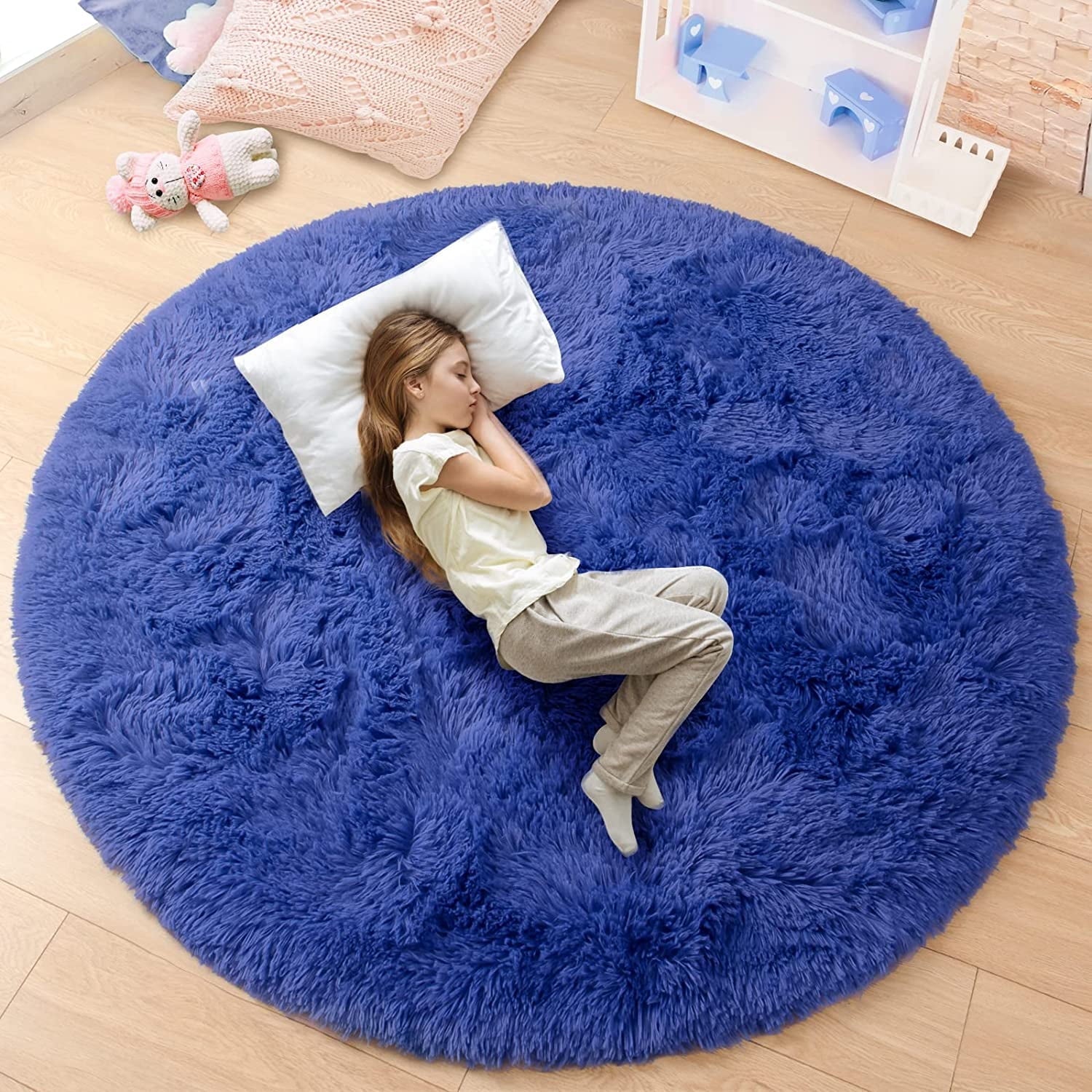 Junovo Round Fluffy Area Rugs For Kids Girls Princess Castle Plush Shaggy Carpet Cute Circle Nursery Rug For Kids Room Bedroom Living Room,4'x4',Gray