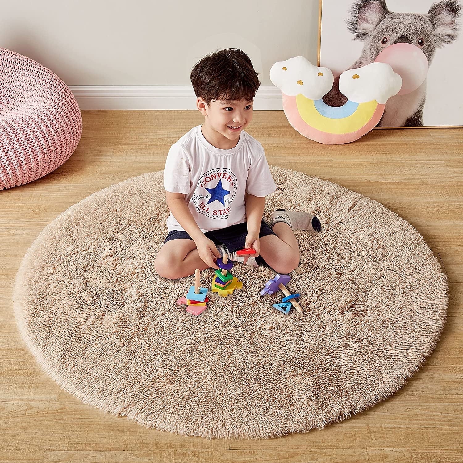 Junovo Round Fluffy Area Rugs For Kids Girls Princess Castle Plush Shaggy Carpet Cute Circle Nursery Rug For Kids Room Bedroom Living Room,4'x4',Gray