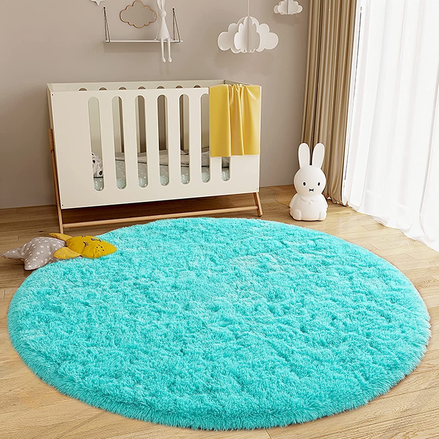 Junovo Round Fluffy Area Rugs For Kids Girls Princess Castle Plush Shaggy Carpet Cute Circle Nursery Rug For Kids Room Bedroom Living Room,4'x4',Gray