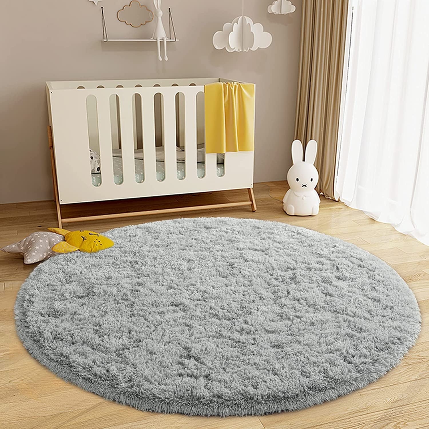Junovo Round Fluffy Area Rugs For Kids Girls Princess Castle Plush Shaggy Carpet Cute Circle Nursery Rug For Kids Room Bedroom Living Room,4'x4',Gray
