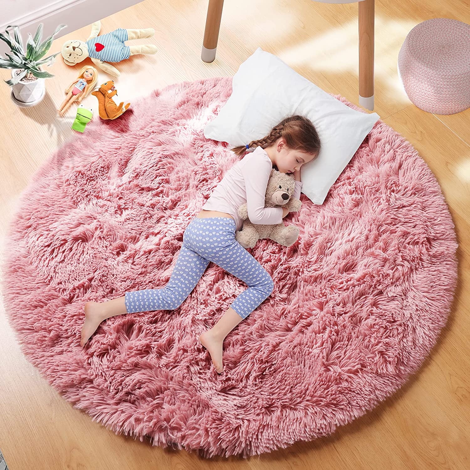Junovo Round Fluffy Area Rugs For Kids Girls Princess Castle Plush Shaggy Carpet Cute Circle Nursery Rug For Kids Room Bedroom Living Room,4'x4',Gray
