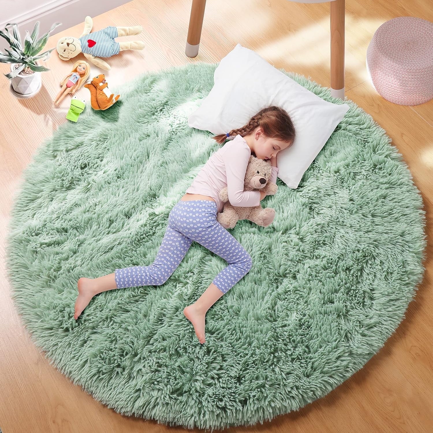 Junovo Round Fluffy Area Rugs For Kids Girls Princess Castle Plush Shaggy Carpet Cute Circle Nursery Rug For Kids Room Bedroom Living Room,4'x4',Gray