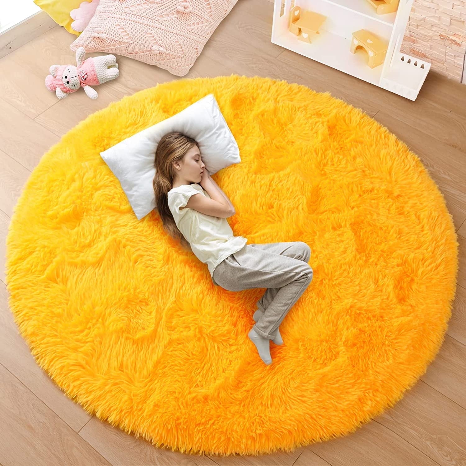 Junovo Round Fluffy Area Rugs For Kids Girls Princess Castle Plush Shaggy Carpet Cute Circle Nursery Rug For Kids Room Bedroom Living Room,4'x4',Gray