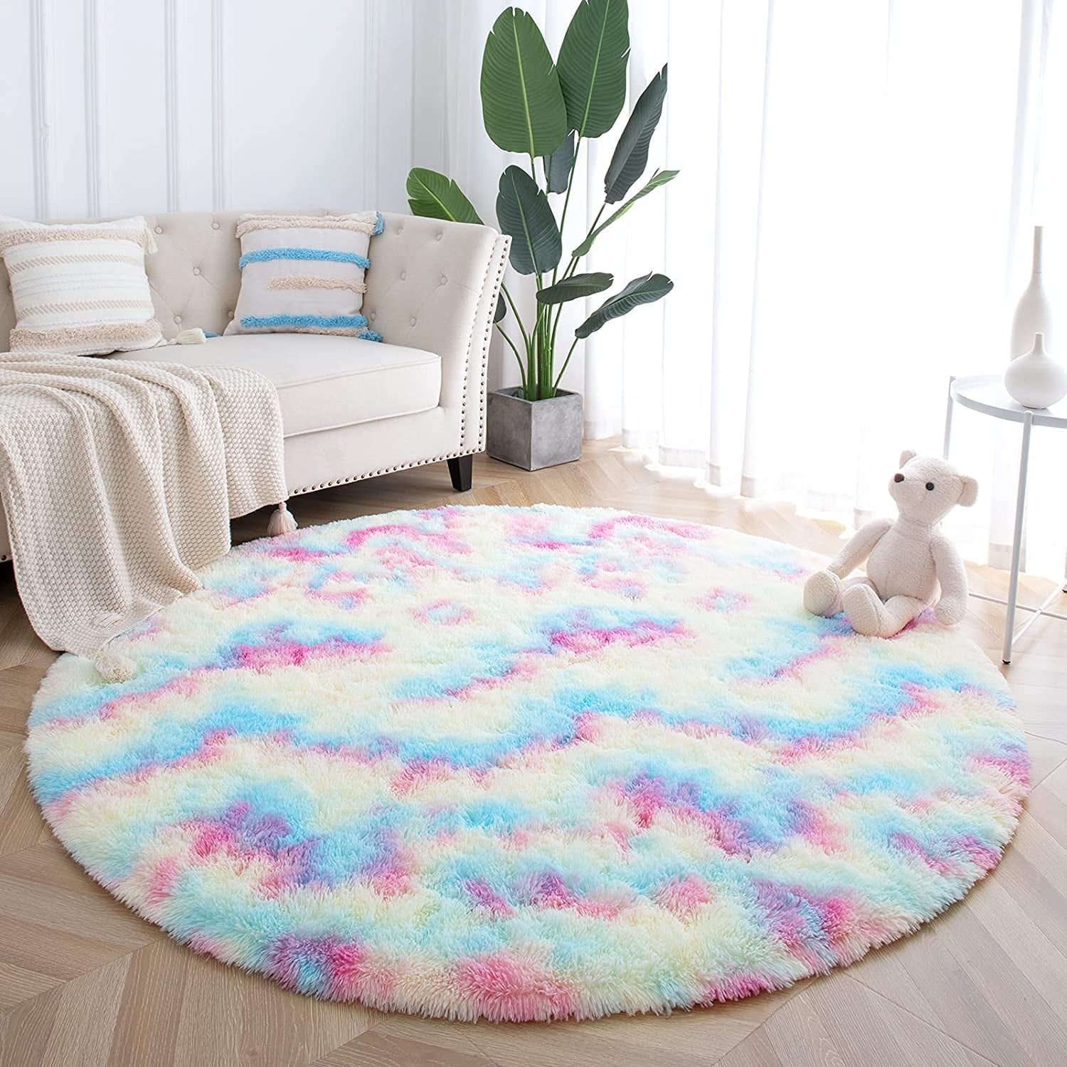 Junovo Round Fluffy Area Rugs For Kids Girls Princess Castle Plush Shaggy Carpet Cute Circle Nursery Rug For Kids Room Bedroom Living Room,4'x4',Gray