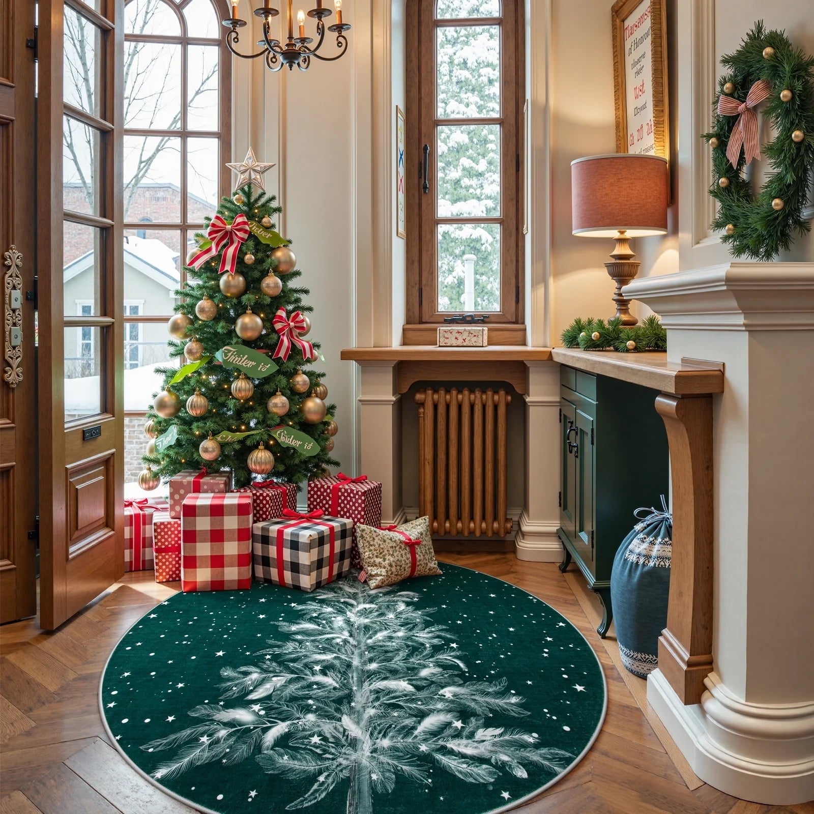 Lahome Christmas Round Rug 4ft Area Rug Red Christmas Tree Rug Washable Rug Indoor Carpet Decorative Circle Rug Round Non Slip Soft Rug Holiday Decor for Kitchen Bedroom Nursery,Green