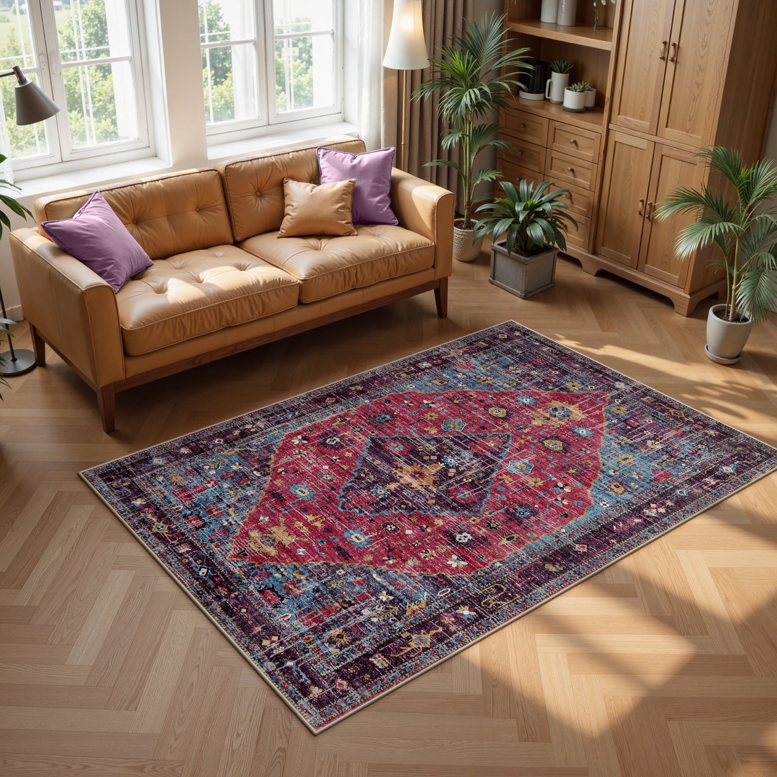 Lahome Decor 8'x10' Bohemian Vintage Rug,8x10ft Large Area Rug,Washable Rugs for Living Room,Traditional Non-slip Indoor Carpet Low Pile Ultra-Thin Boho Tribal Rug for Bedroom Dining Room Office,Red