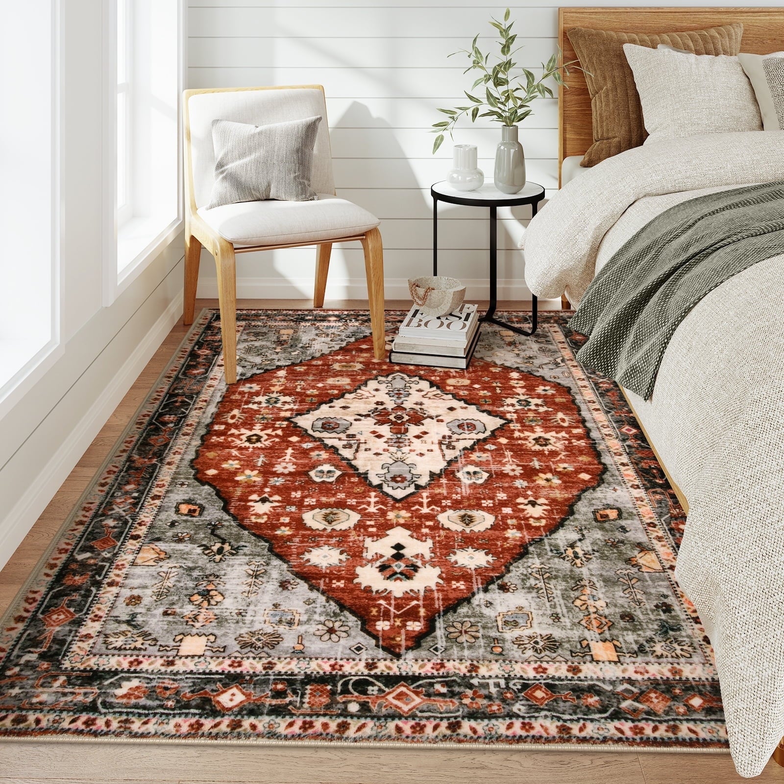 Lahome Decor 8'x10' Bohemian Vintage Rug,8x10ft Large Area Rug,Washable Rugs for Living Room,Traditional Non-slip Indoor Carpet Low Pile Ultra-Thin Boho Tribal Rug for Bedroom Dining Room Office,Red