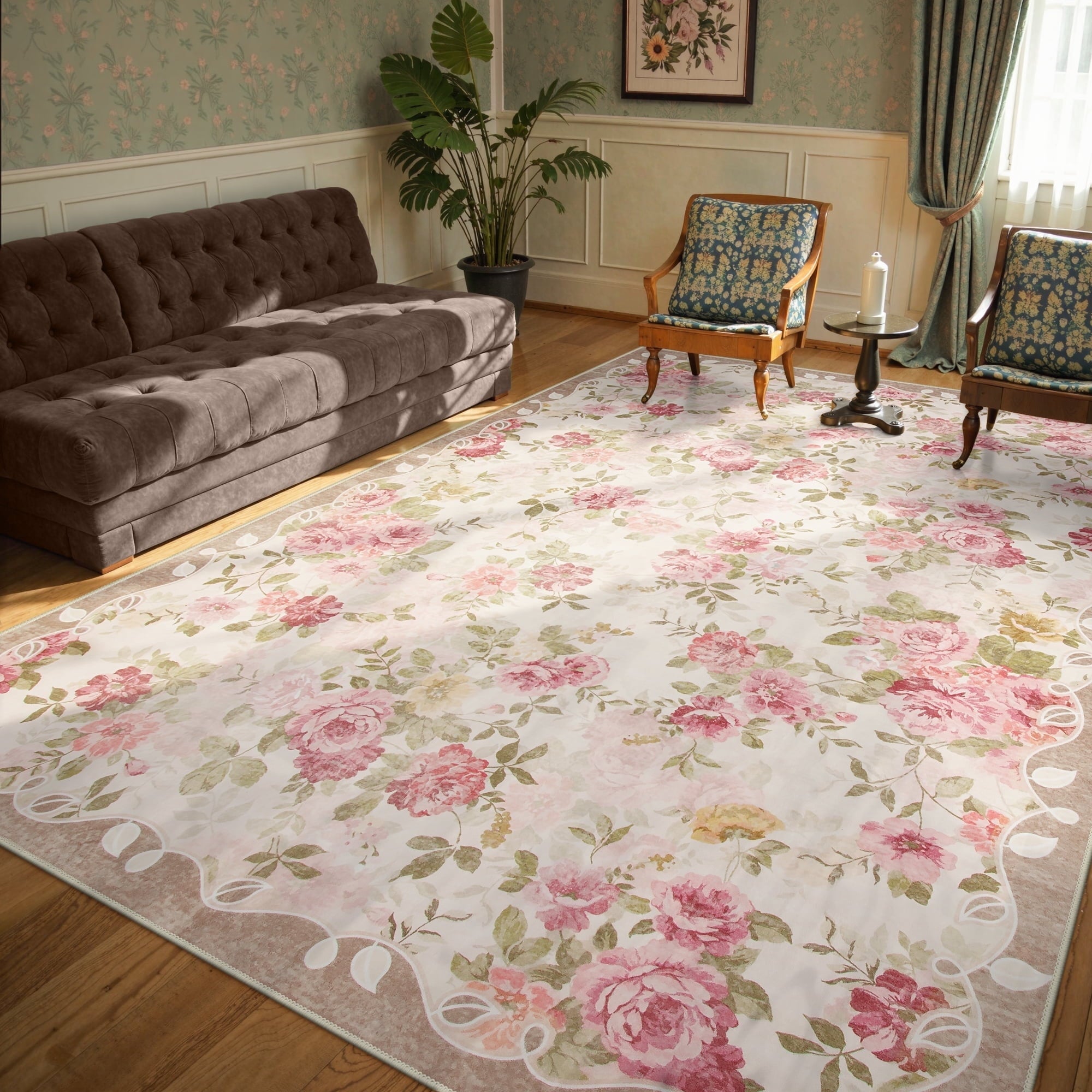Lahome Decor 8'x10' Vintage Floral Area Rugs,8x10ft Large Rugs for Living Room Boho Area Rug Machine Washable, Low Pile Pink Rugs for Bedroom Girls Carpet for Nursery Rug Playroom Dining Room,Beige
