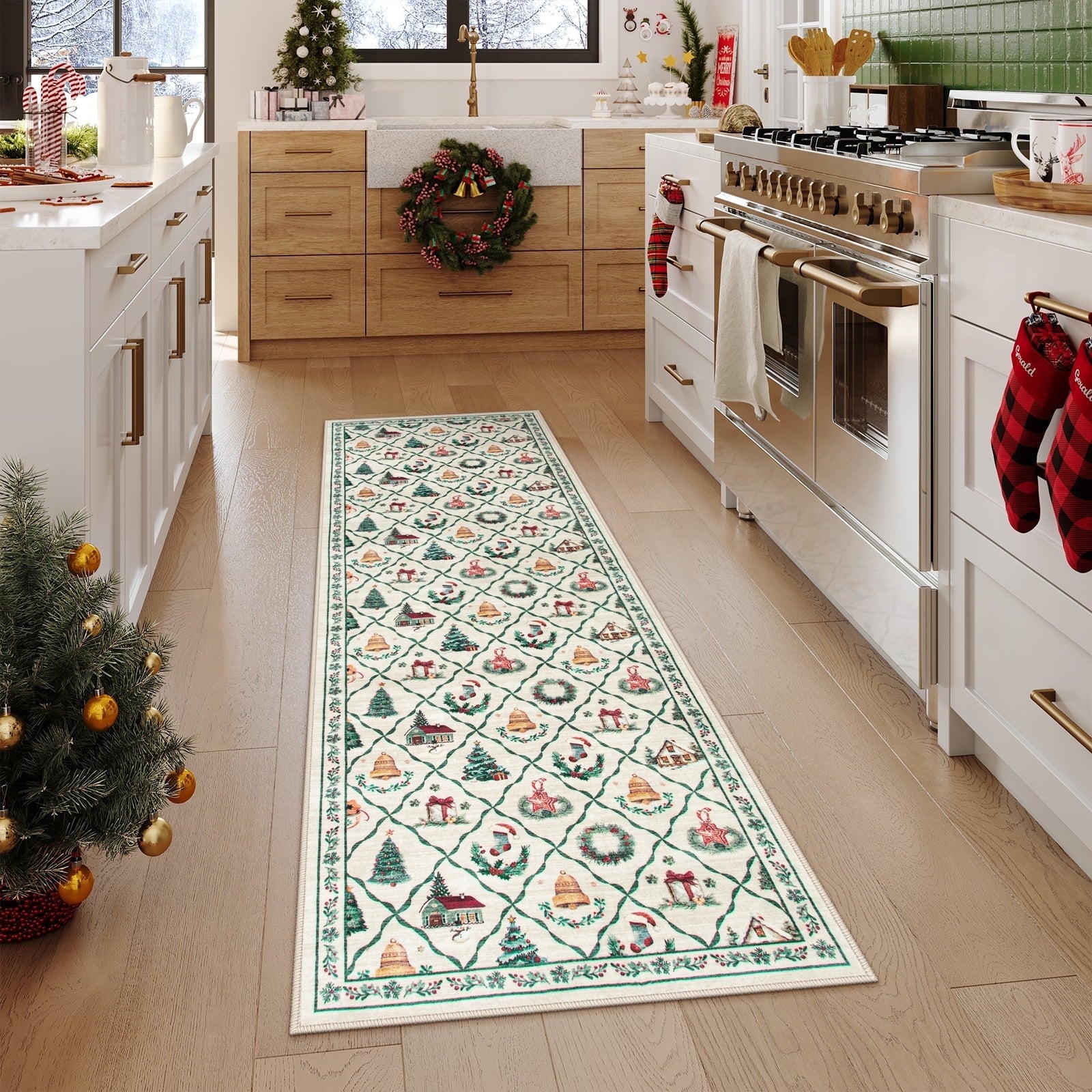 Lahome Decor Christmas Hallway Runner Rug,2'x6' Holiday Decorative Xmas Tree and Snowflake Area Rug,Non-Slip Washable Indoor Door Mat for Living Room,Bedroom,Entryway
