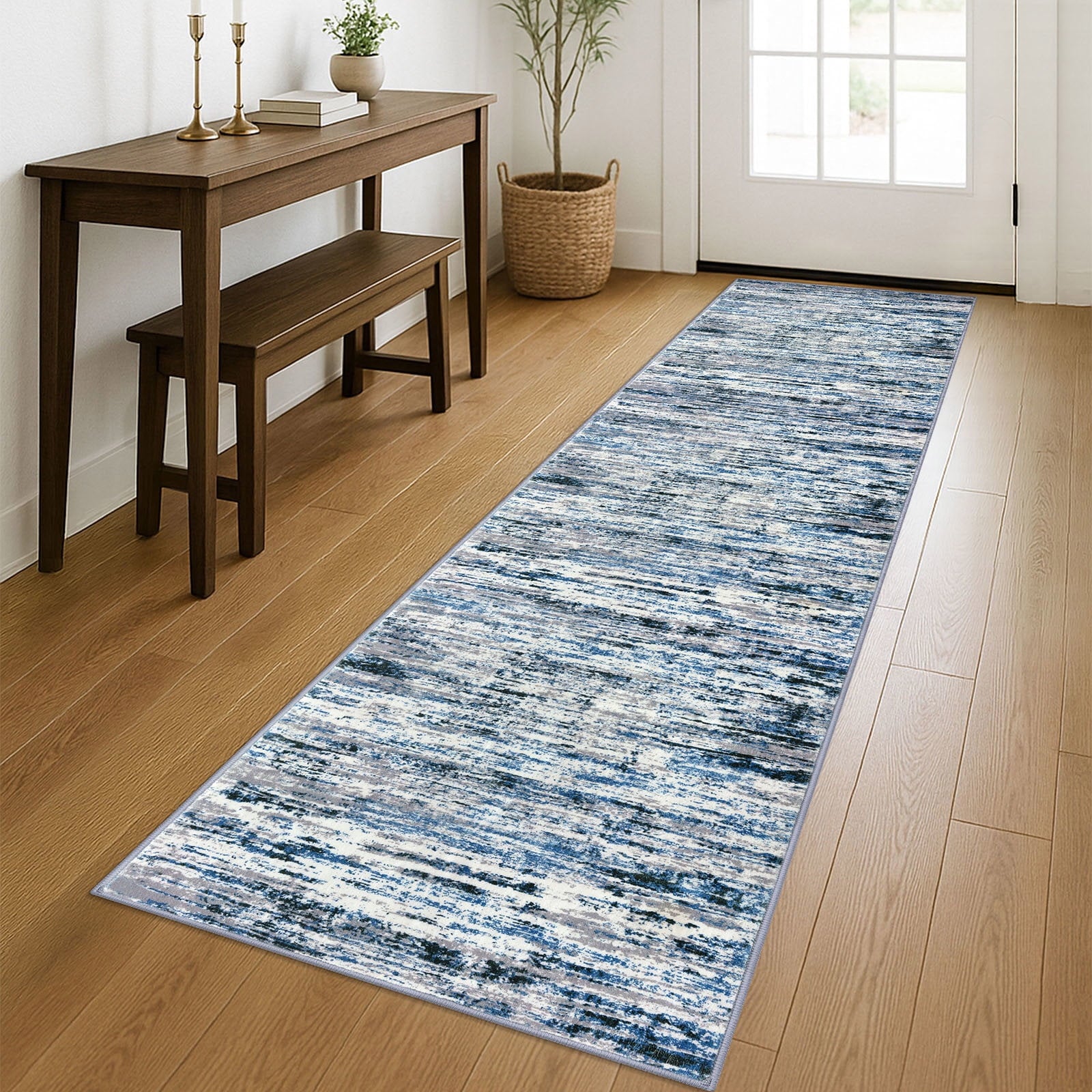 Suelur Runner Rug for Hallways Washable Kitchen Runner Non-Slip Soft 2x8 Runner Rug Thin Print Faux Wool Carpet Runner for Entryway Bedroom Laundry Room Indoor Home, Grey Blue White