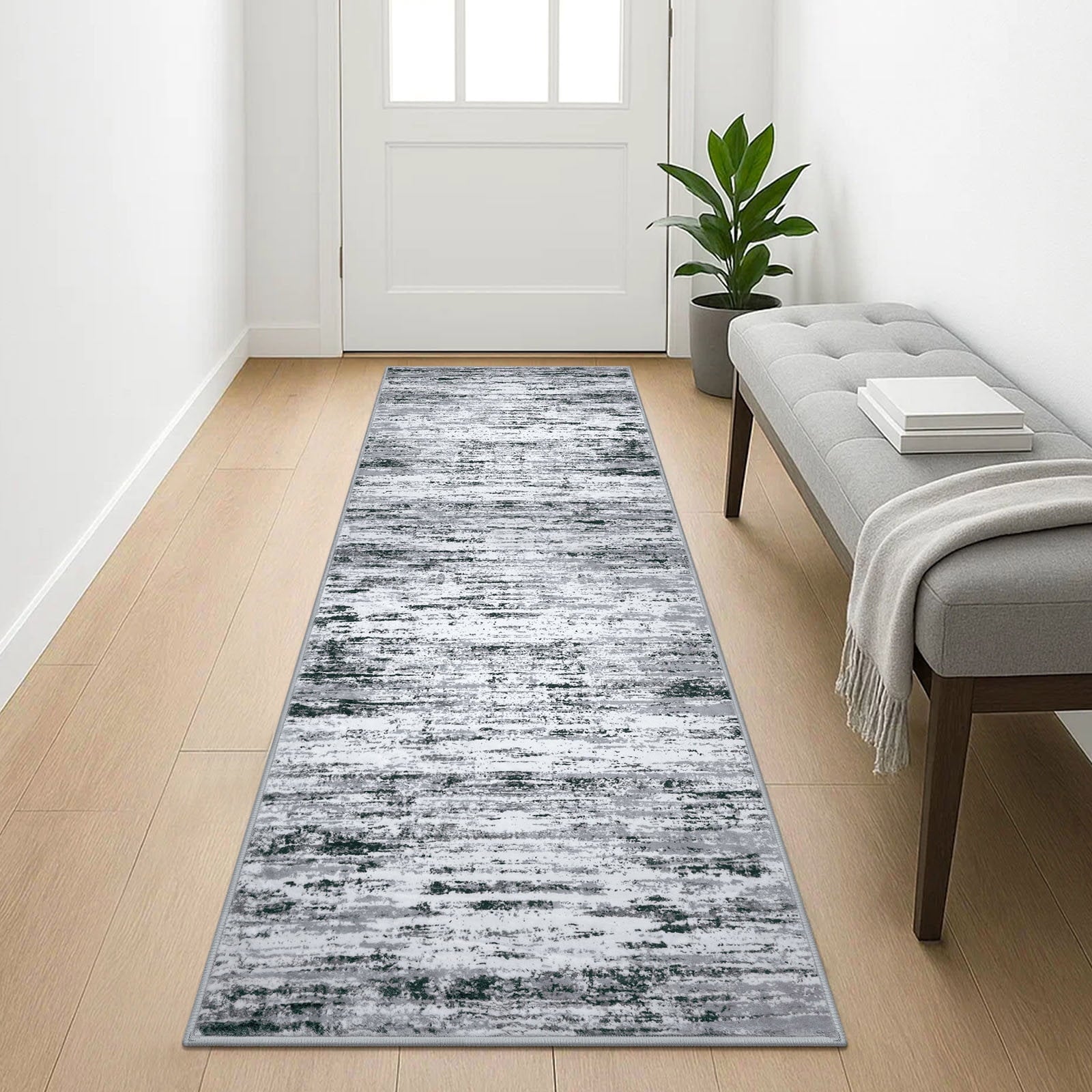 Suelur Runner Rug for Hallways Washable Kitchen Runner Non-Slip Soft 2x8 Runner Rug Thin Print Faux Wool Carpet Runner for Entryway Bedroom Laundry Room Indoor Home, Grey Blue White