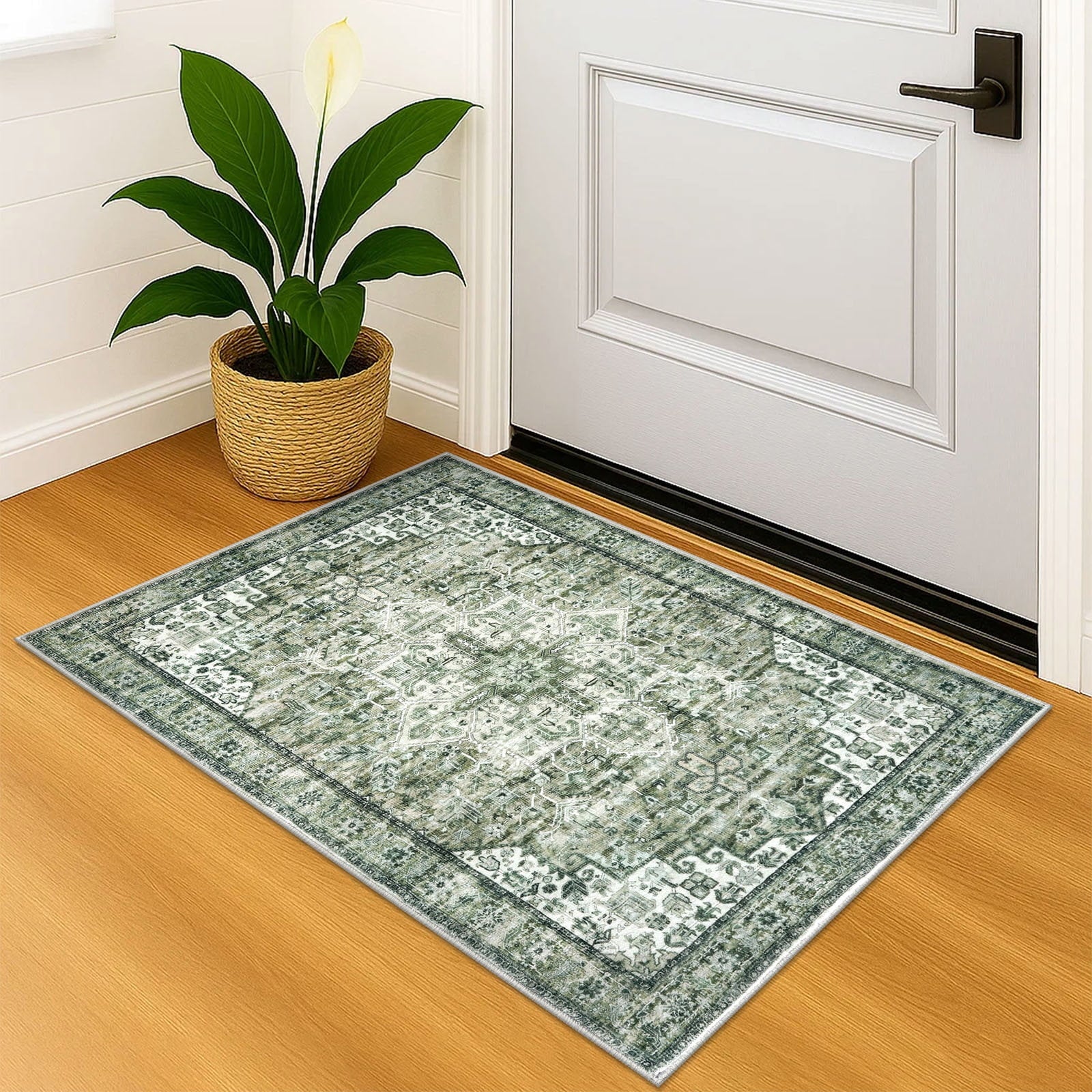 Suelur Small Area Rugs 2x3 Green Washable Rug for Entryway Soft Non-Slip Throw Rugs Low-Pile Printed Distressed Medallion Indoor Door Mat for Entrance Foyer Bedside