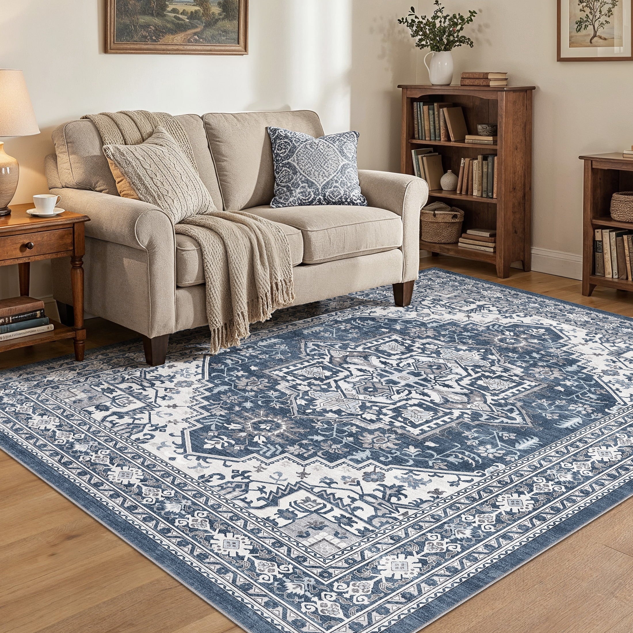 UERMEI 5x7 Washable Area Rugs for Living Room, Modern Vintage Printed Rug, Vacuum-Friendly, Non Slip Indoor Rug for Bedroom Dining Room Home Decor Carpet, Blue