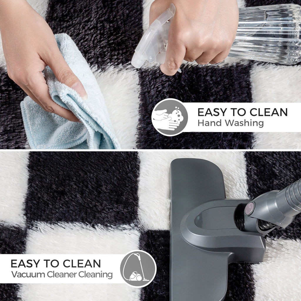 BERTHMEER 8'x10' Shag Ultra-Soft Area Rugs，Fluffy Rugs Carpets for Living Room Bedroom High-Plie Soft Checkered Rugs, Black White