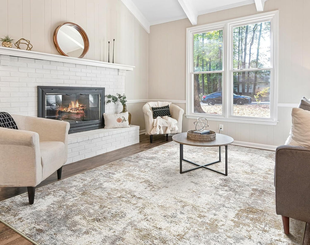 Toyoso 9x12 Area Rug Living Room Rugs - Washable Neutral Modern Abstract Soft Thin Large Rug Indoor Floor No Slip Rug Carpet for Bedroom Under Dining Table Home Office Decor - Brown Grey