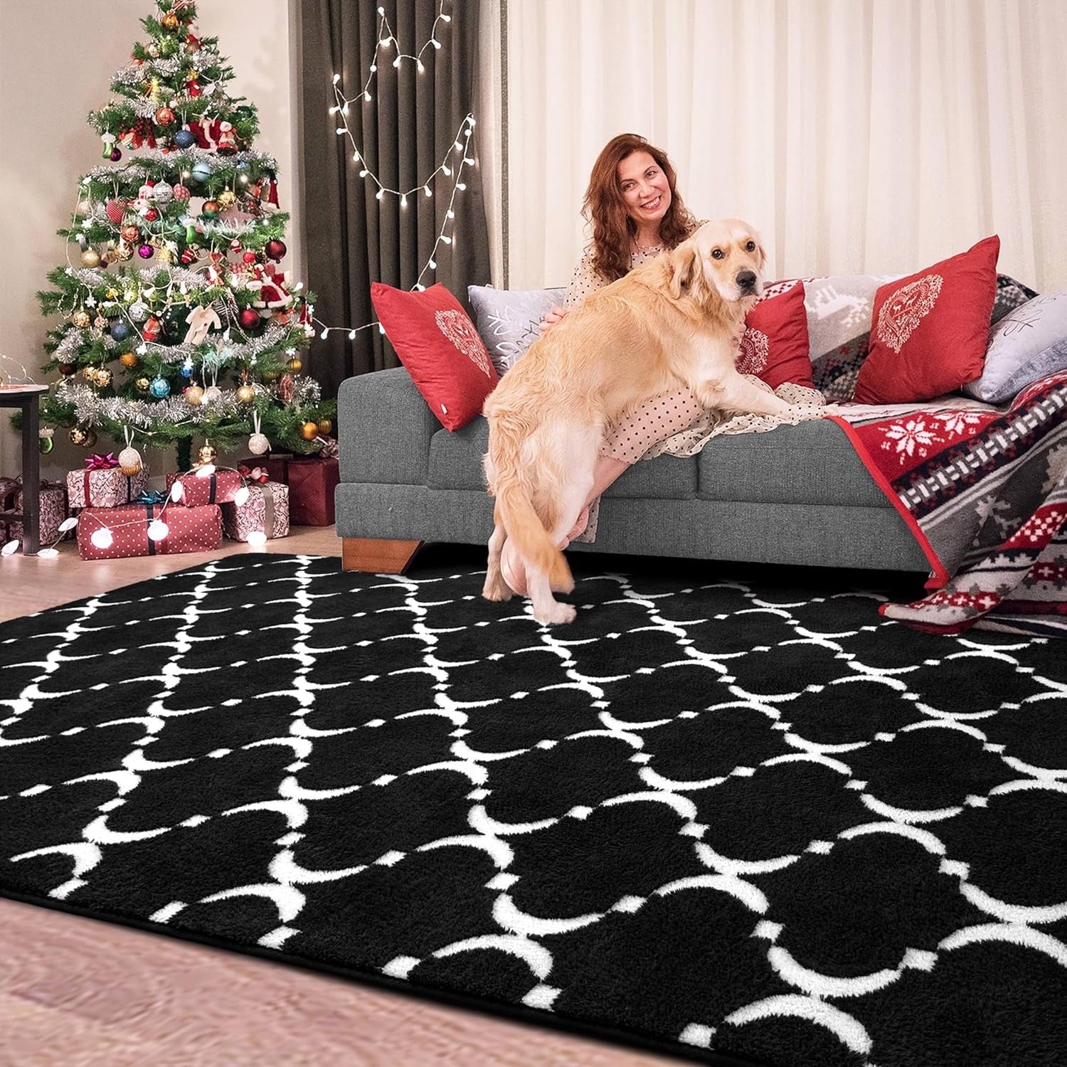 TWINNIS 5'x8' Geometric Area Rug for Living Room Fluffy Carpet ,Non Slip Rug for Girls Teen Bedside Nursery Dorm,Black/White