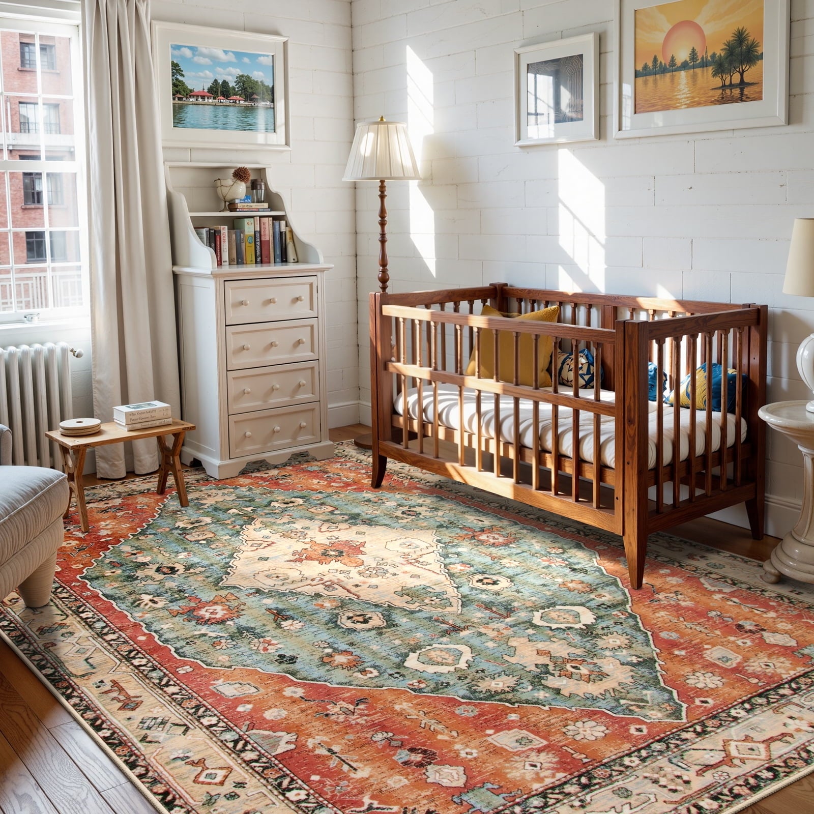 Lahome Decor 8'x10' Bohemian Vintage Rug,8x10ft Large Area Rug,Washable Rugs for Living Room,Traditional Non-slip Indoor Carpet Low Pile Ultra-Thin Boho Tribal Rug for Bedroom Dining Room Office,Red