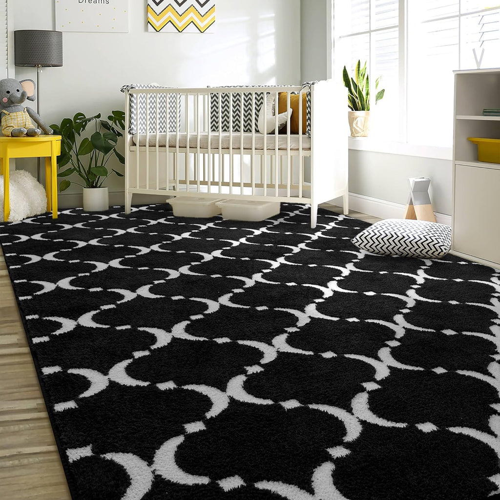 TWINNIS 5'x8' Geometric Area Rug for Living Room Fluffy Carpet ,Non Slip Rug for Girls Teen Bedside Nursery Dorm,Black/White