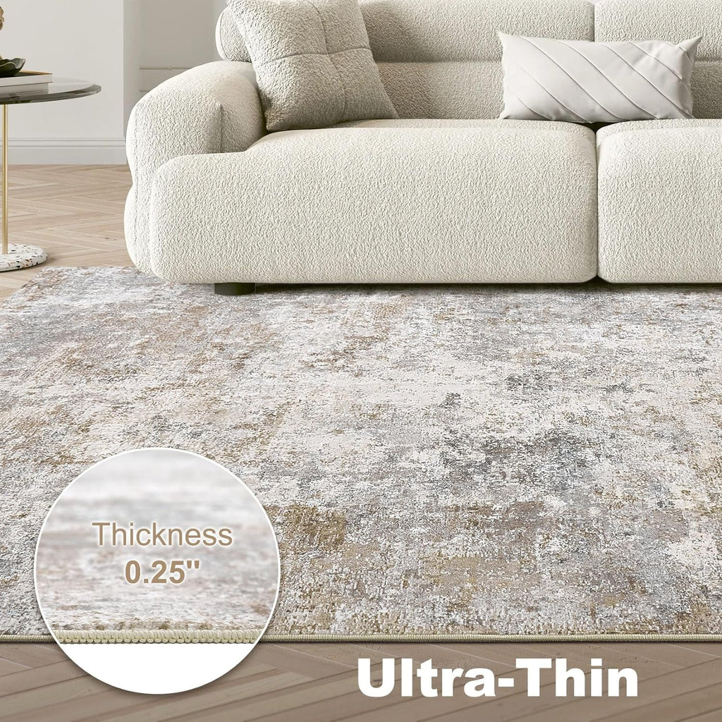 Toyoso 9x12 Area Rug Living Room Rugs - Washable Neutral Modern Abstract Soft Thin Large Rug Indoor Floor No Slip Rug Carpet for Bedroom Under Dining Table Home Office Decor - Brown Grey