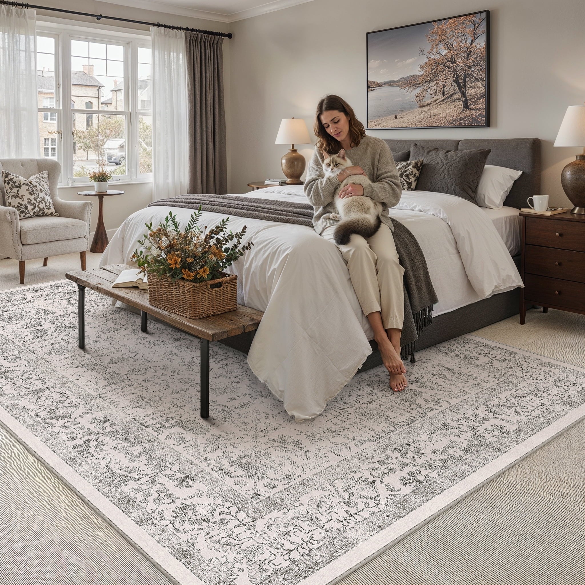 BERTHMEER 8'x10' Washable Large Area Rugs indoor Vintage Oriental Distressed Rugs Carpets for Living Room Bedroom Dining Room Office Throw Rugs Non-slip, Gray