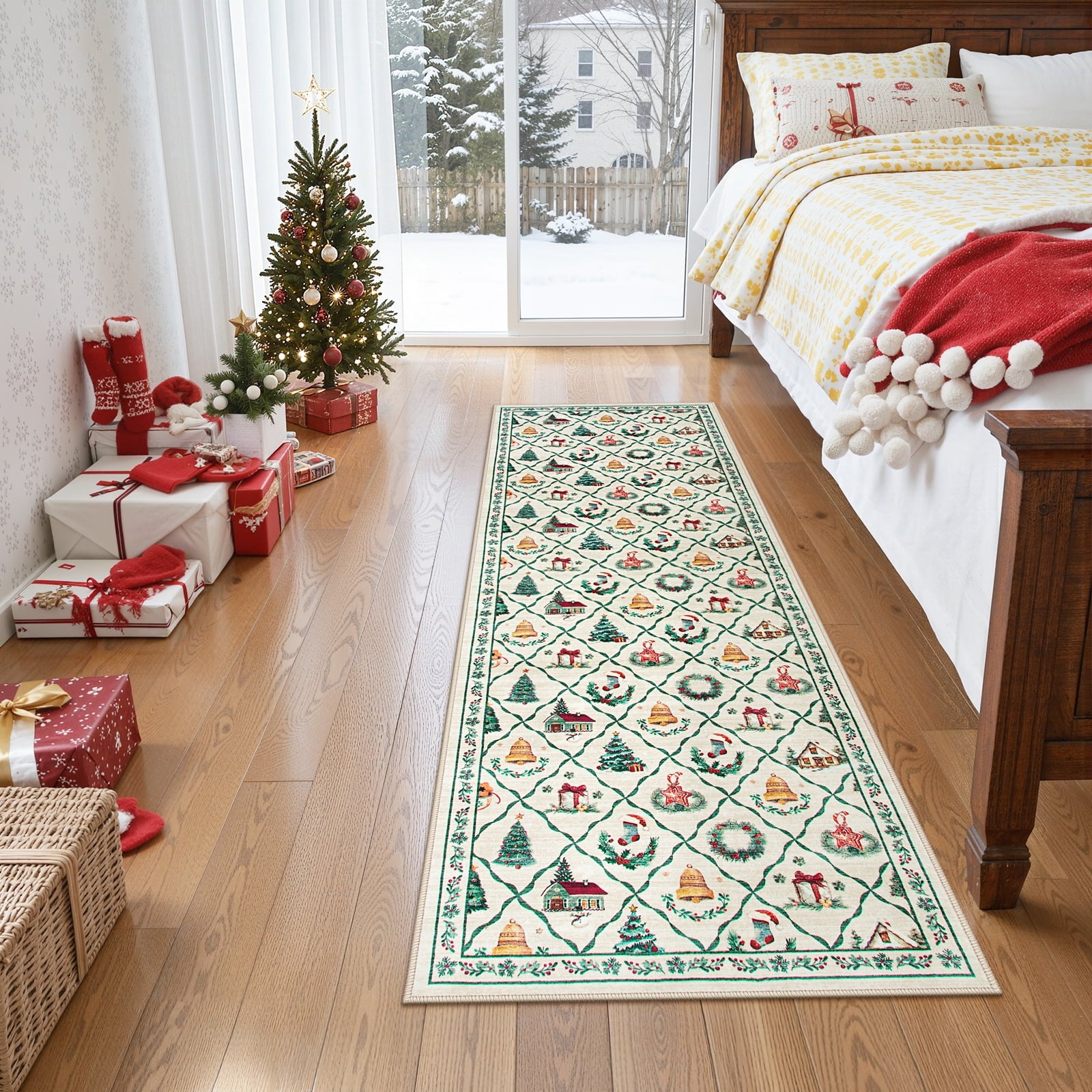Lahome Decor Christmas Hallway Runner Rug,2'x6' Holiday Decorative Xmas Tree and Snowflake Area Rug,Non-Slip Washable Indoor Door Mat for Living Room,Bedroom,Entryway