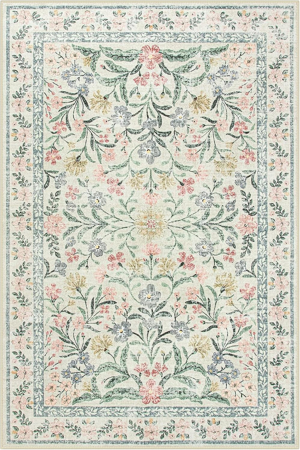 Moynesa 9'x12' Boho Beige Area Rugs Living Room, Washable Floral Large Area Rugs for Bedroom, Soft Non-Slip Thin Rug for Home Decor, Beige