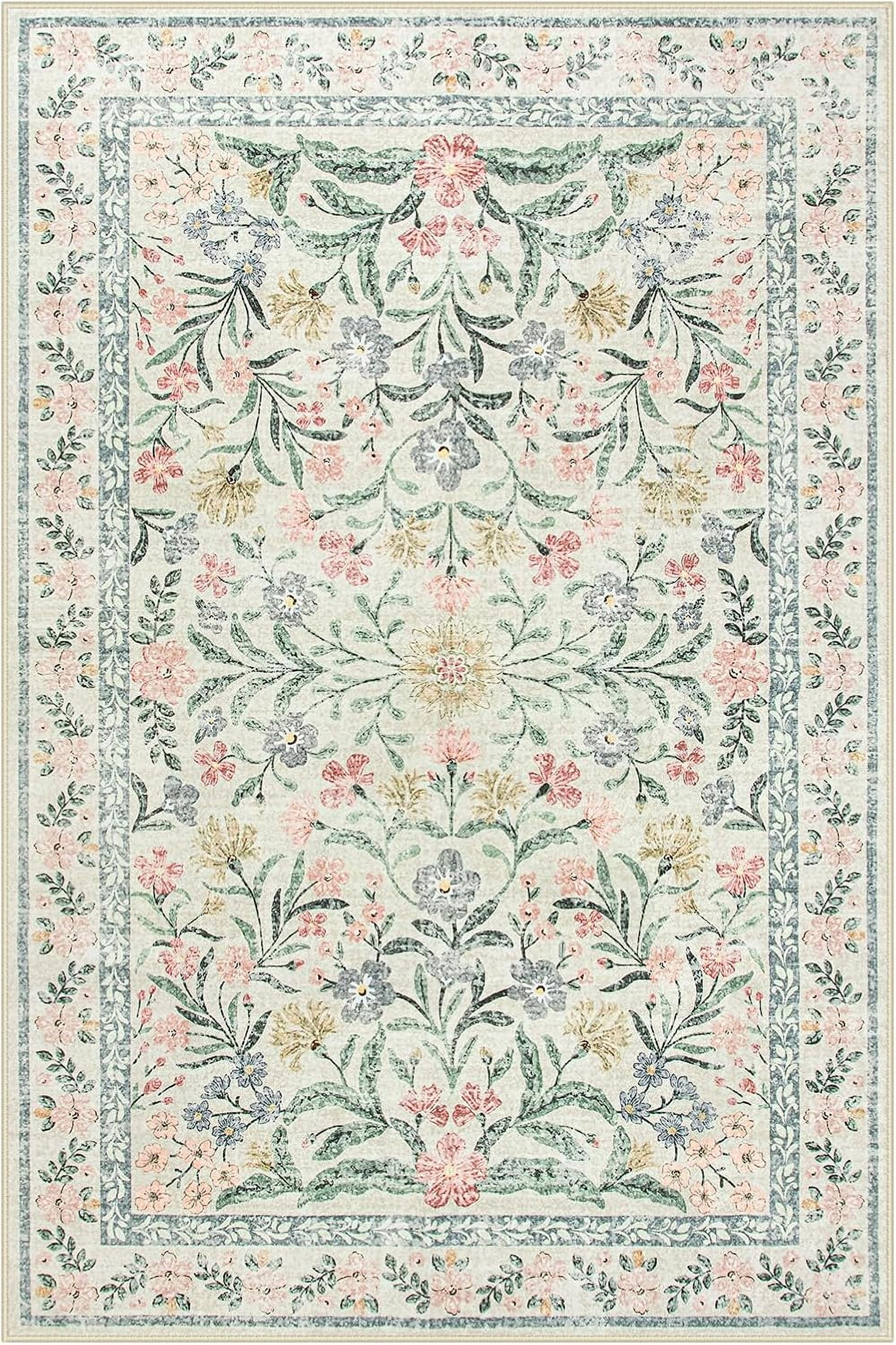 Moynesa 9'x12' Boho Beige Area Rugs Living Room, Washable Floral Large Area Rugs for Bedroom, Soft Non-Slip Thin Rug for Home Decor, Beige