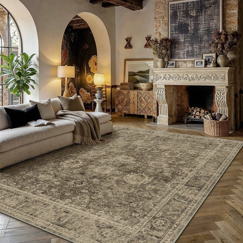 BERTHMEER 8'x10' Area Rugs for Living Room Vintage Brown Carpets for Bedroom Office Machine Washable Large Farmhouse Dining Room Oriental Rugs Non Slip Traditional Distressed Rugs