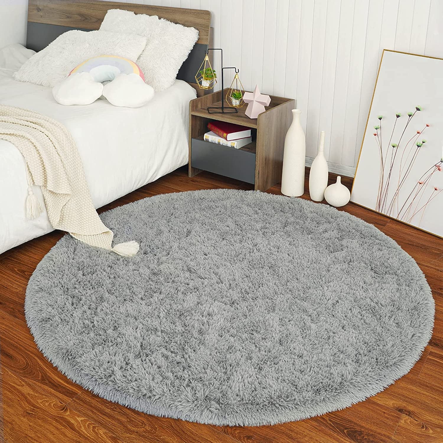 Junovo Round Fluffy Area Rugs For Kids Girls Princess Castle Plush Shaggy Carpet Cute Circle Nursery Rug For Kids Room Bedroom Living Room,4'x4',Gray