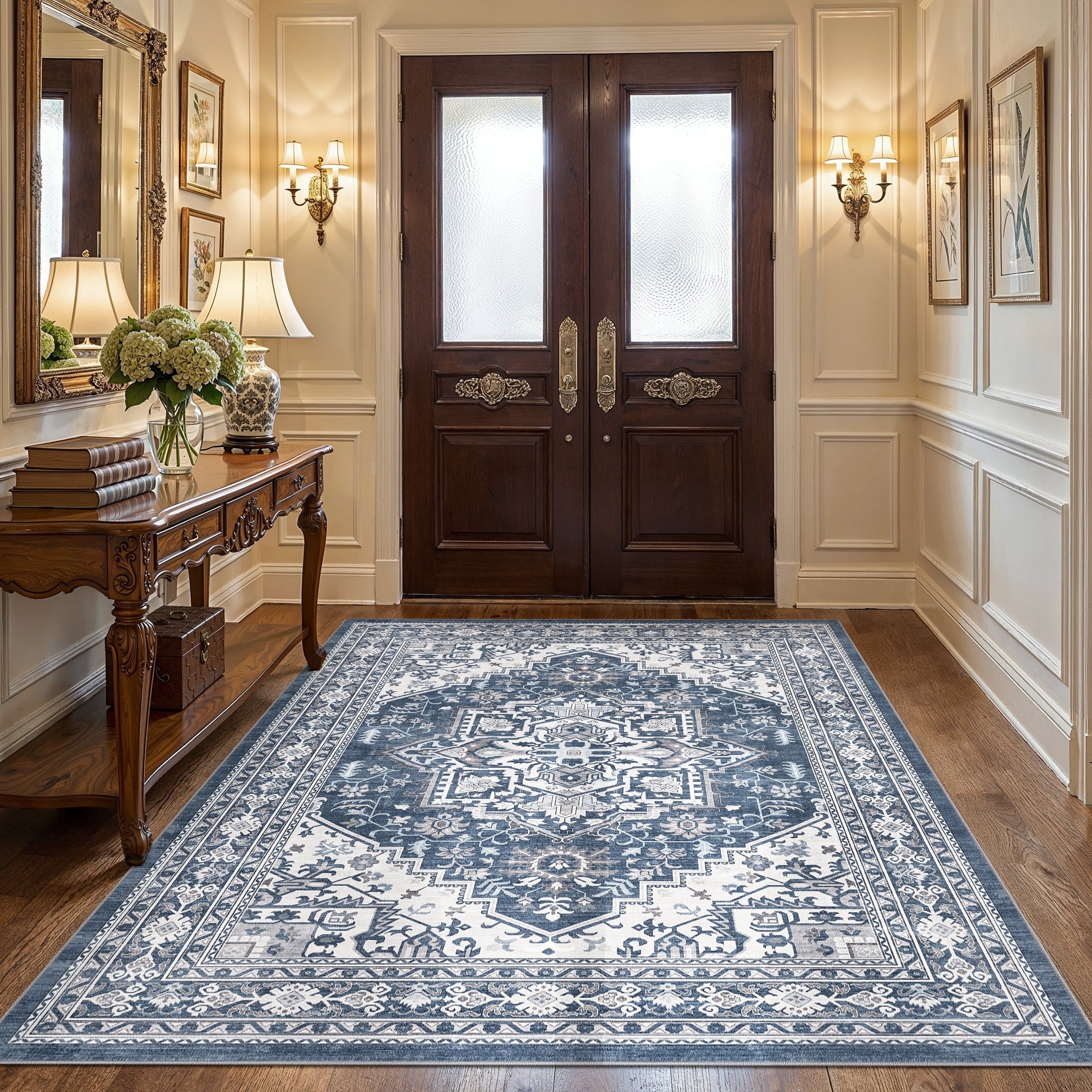 UERMEI 5x7 Washable Area Rugs for Living Room, Modern Vintage Printed Rug, Vacuum-Friendly, Non Slip Indoor Rug for Bedroom Dining Room Home Decor Carpet, Blue