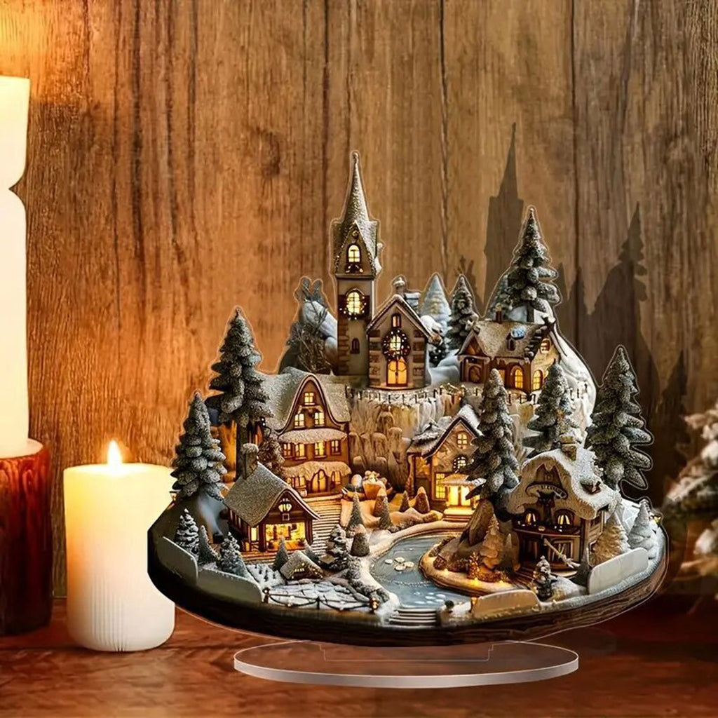 Christmas Village Tabletop Decor Set, Miniature Snowy City Scene Desktop Office Home Decoration for Christmas Holiday Festive Decor