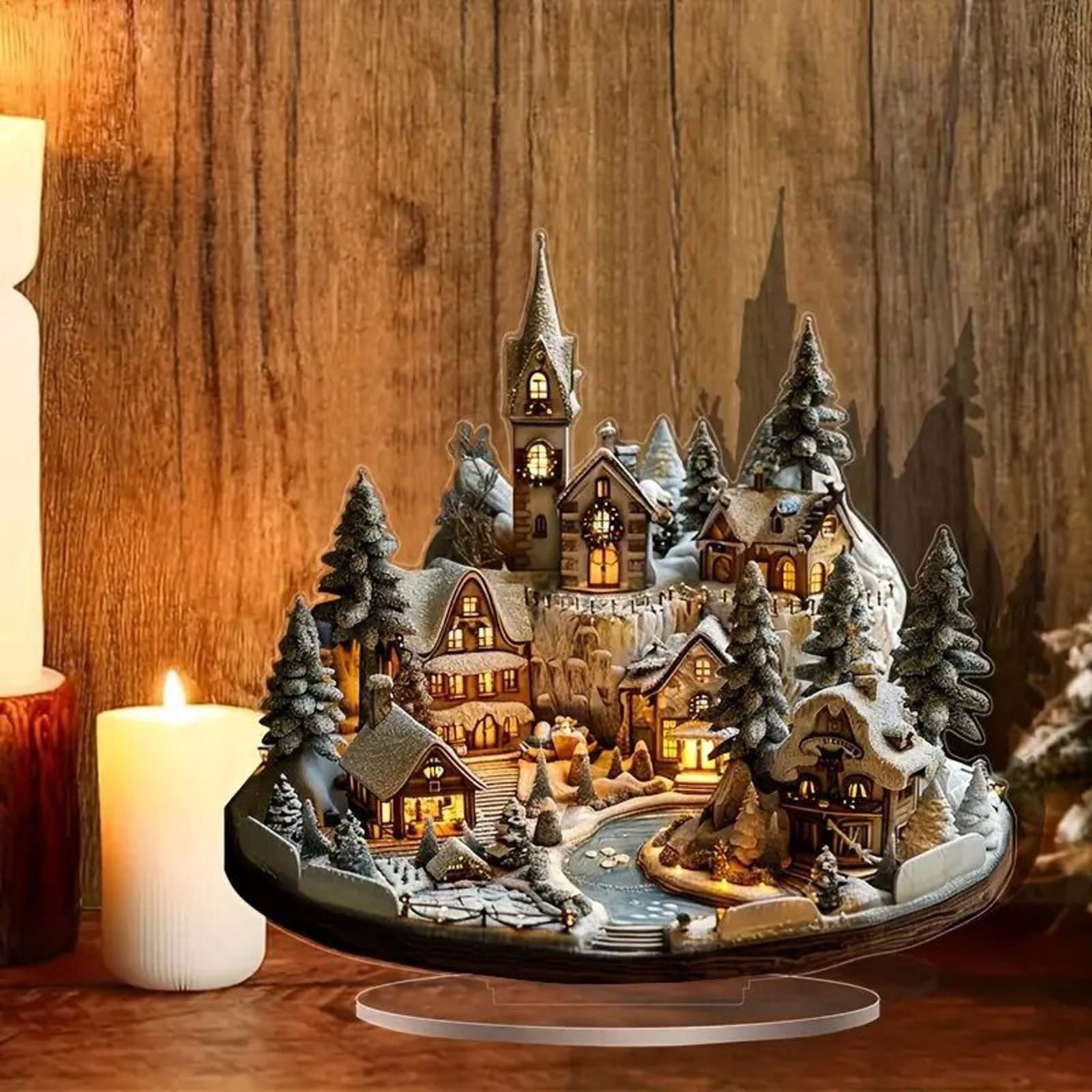 Christmas Village Tabletop Decor Set, Miniature Snowy City Scene Desktop Office Home Decoration for Christmas Holiday Festive Decor