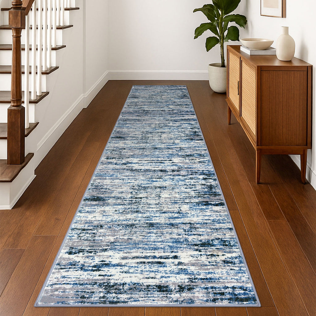 Suelur Runner Rug for Hallways Washable Kitchen Runner Non-Slip Soft 2x8 Runner Rug Thin Print Faux Wool Carpet Runner for Entryway Bedroom Laundry Room Indoor Home, Grey Blue White