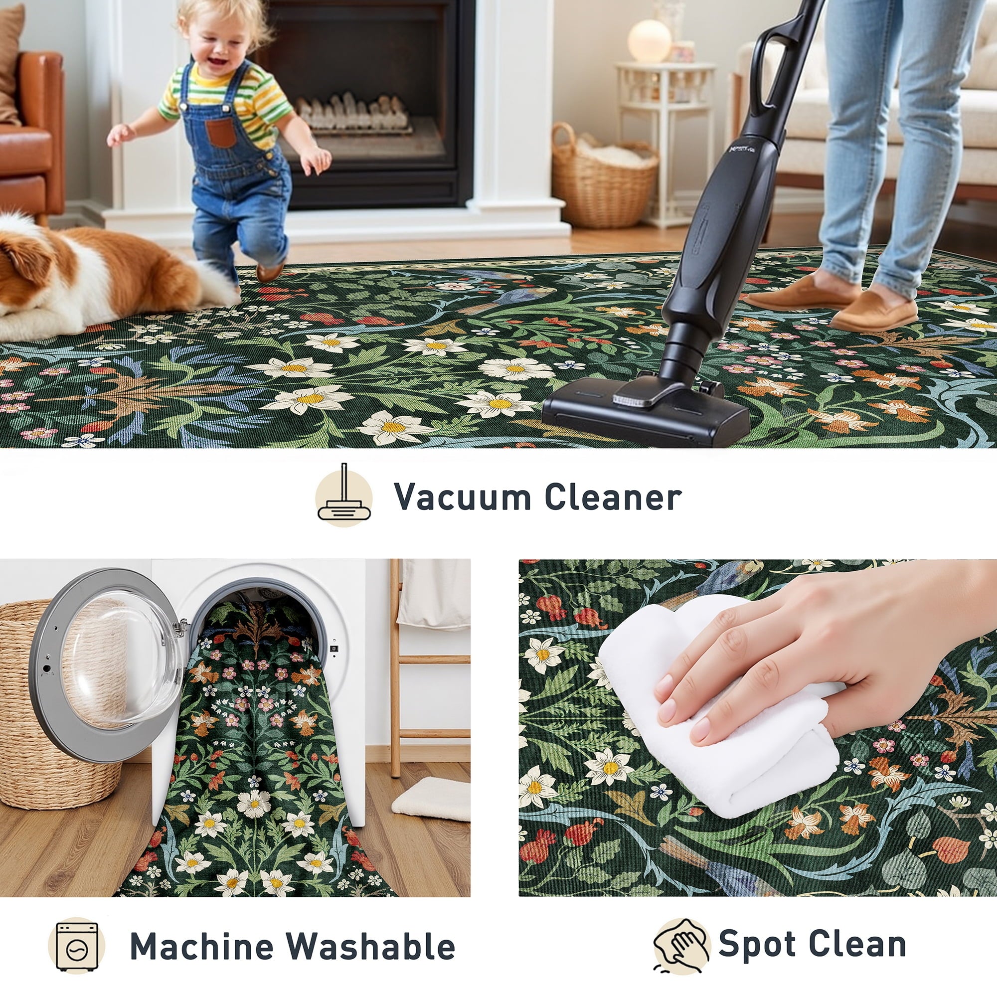 BERTHMEER Large 8'x10' Area Rugs for Living Room Rugs for Bedroom Kitchen Office Rugs Vintage Green Floral Carpets Machine Washable Farmhouse Dining Room Oriental Flower Non Slip Rugs, Multicolor