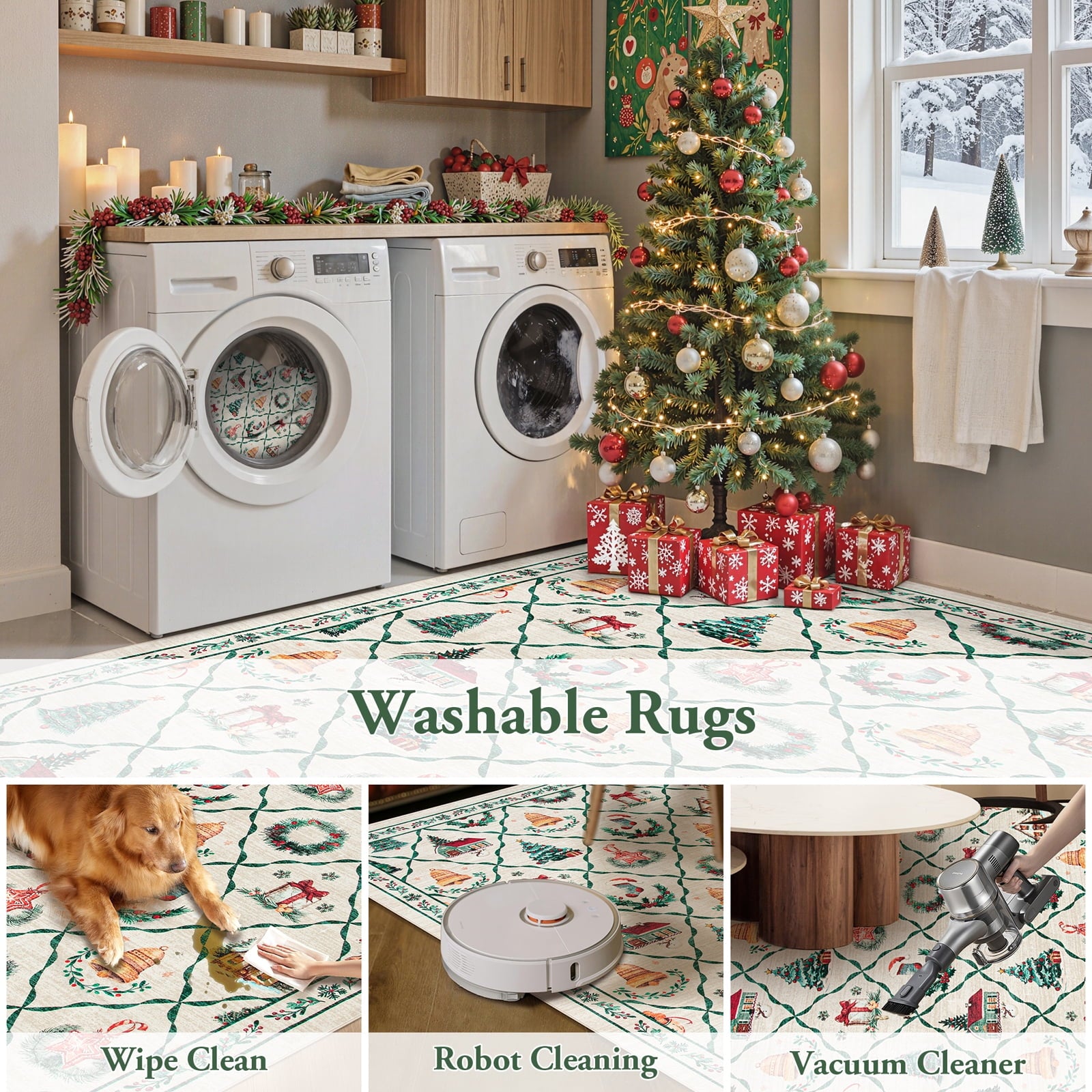 Lahome Decor Christmas Hallway Runner Rug,2'x6' Holiday Decorative Xmas Tree and Snowflake Area Rug,Non-Slip Washable Indoor Door Mat for Living Room,Bedroom,Entryway