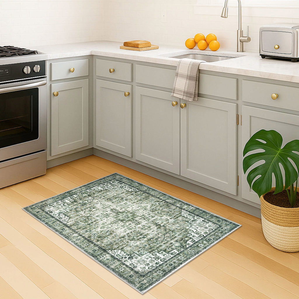 Suelur Small Area Rugs 2x3 Green Washable Rug for Entryway Soft Non-Slip Throw Rugs Low-Pile Printed Distressed Medallion Indoor Door Mat for Entrance Foyer Bedside