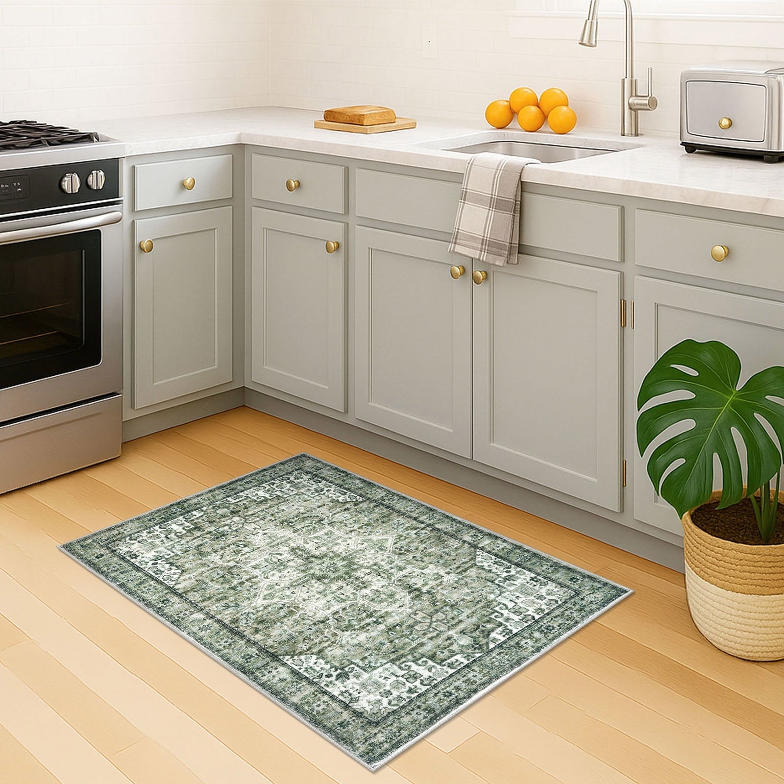 Suelur Small Area Rugs 2x3 Green Washable Rug for Entryway Soft Non-Slip Throw Rugs Low-Pile Printed Distressed Medallion Indoor Door Mat for Entrance Foyer Bedside